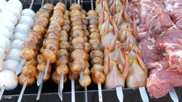 Lunga fila di carcasse di quaglie e pezzi di carne barbecue e funghi sugli spiedini, pronti da grigliare, affumicare dalla griglia. Street food festival — Video Stock