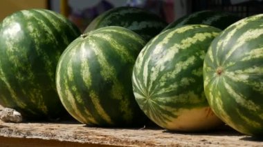 Yazın bir marketin tezgahındaki olgun, taze ve büyük karpuz manzarasını kapat.