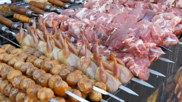 Dlouhá řada jatečně upravených těl křepelek a kusů masa a hub BBQ na špejlích, připravených k grilování, kouří z grilu. Festival pouličních jídel — Stock video