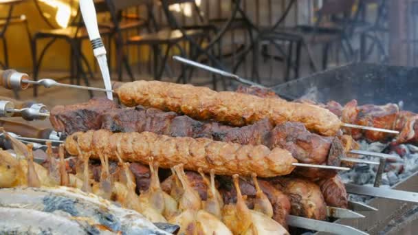 Bir sıra bıldırcın leşi ve barbekü kebabı eti ve mantarlar ızgarada pişmeye hazır, ızgaradan duman çıkıyor. Sokak yemekleri festivali — Stok video