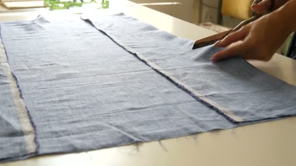 Manos de costurera femenina con manicura cortada de tela de color azul con tijeras de coser especiales. Taller de costura, fábrica de juguetes — Vídeos de Stock