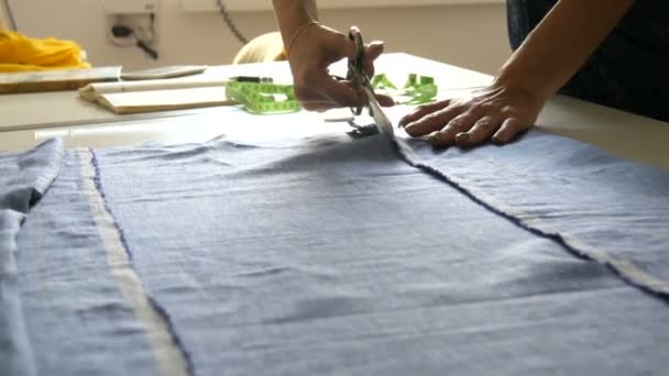 As mãos de costureira femininas com a manicura cortam o tecido de cor azul com a tesoura de costura especial. Oficina de costura, fábrica de brinquedos — Vídeo de Stock