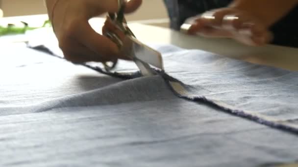 As mãos de costureira femininas com a manicura cortam o tecido de cor azul com a tesoura de costura especial. Oficina de costura, fábrica de brinquedos — Vídeo de Stock