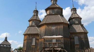 Zaporizhzhia, Ukrayna - 19 Haziran 2020: Ukrayna 'daki Kazakların beşiği olan Khorytsya adasında Zaporizhya Sich tarzında eski ahşap kilise