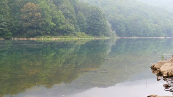 Een ongelooflijk mooi meer met een mistige ochtendnevel. Bergvijver met interessant donker water Biorgad Lake in Biogradska Gora National Park, Montenegro — Stockvideo