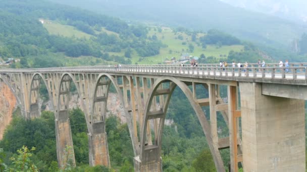 Η διάσημη γέφυρα Ντιούρντιεβιτς στο Μαυροβούνιο, στην οποία οδηγούν αυτοκίνητα και περπατούν τουρίστες — Αρχείο Βίντεο