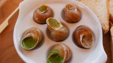 Restoranda özel bir tabakta soslu salyangoz tabağı. Pahalı ve sağlıklı yemekler.