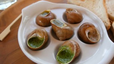 Restoranda özel bir tabakta soslu salyangoz tabağı. Pahalı ve sağlıklı yemekler.