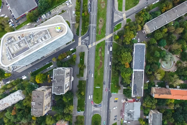 Top view of the city of Moscow, buildings and roads and other infrastructure of the city. Cityscape view from above.