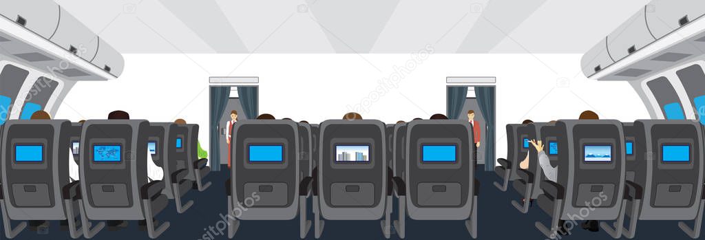 Interior of salon of the plane. Passengers on the plane.