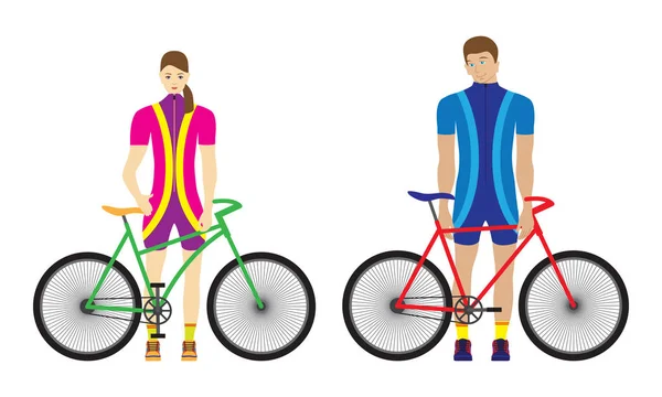 Mujer Hombre Pie Con Bicicletas Familia Del Deporte — Vector de stock