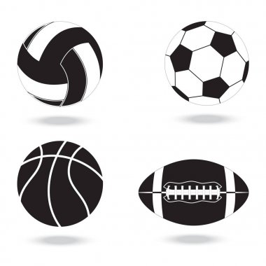 Farklı sporlar için topların siyah beyaz simgeleri.