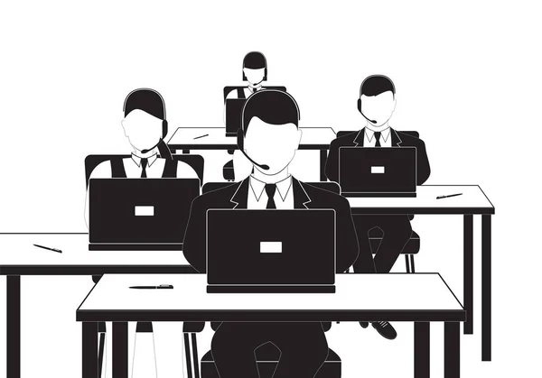 Men and women working in a call center. Black and white silhouet — Stock Vector