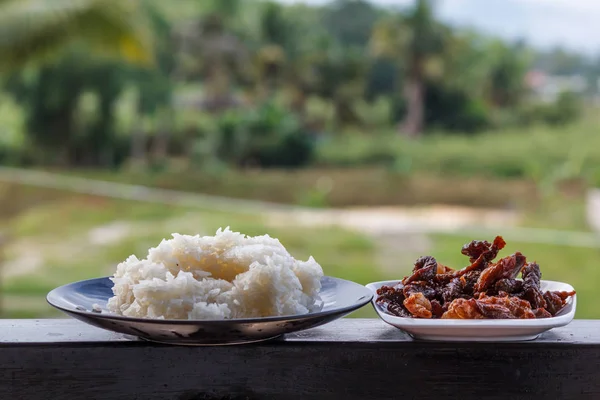 Nötkött stek vitt ris läcker närbild måltid — Stockfoto