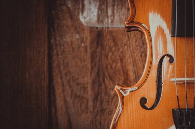 Close up of a violin shallow deep of field on wood background clipart