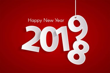 Kırmızı mutlu yeni yıl 2019 kavramı halatlar üzerinde kağıt cuted beyaz sayılarla. Vektör çizim