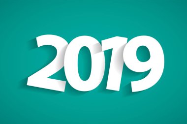 Mutlu yeni yıl 2019 kavramı turkuaz arka plan üzerinde kağıt cuted beyaz sayılarla. Vektör çizim