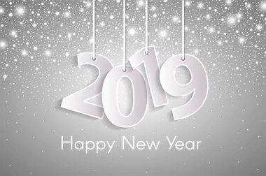 Mutlu yeni yıl 2019 tebrik kartı konseptiyle halatlar üzerinde kağıt cuted beyaz numaraları. Vektör çizim