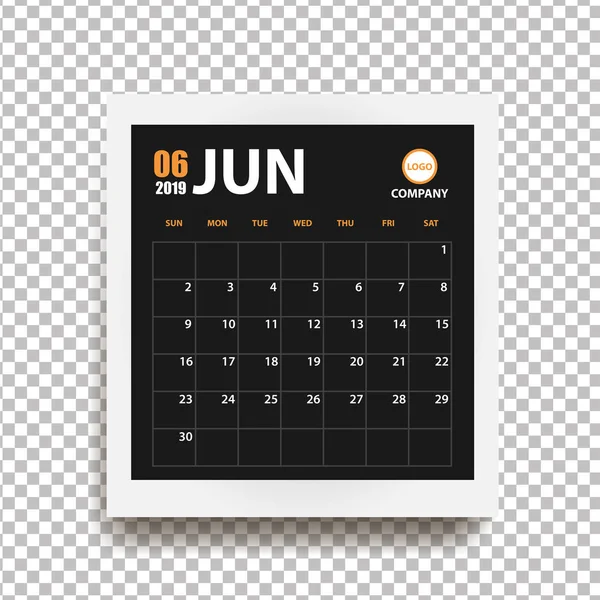 Juni 2019 Kalender Realistischem Fotorahmen Mit Schatten Auf Transparentem Hintergrund — Stockvektor