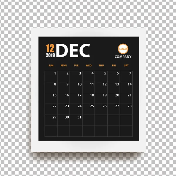 December 2019 Calendar Realistic Photo Frame Shadow Isolated Transparent Background — Stock Vector
