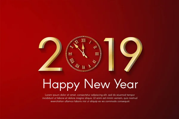 Golden New Year 2019 concept on red background. Vector greeting card illustration with golden numbers and vintage clock