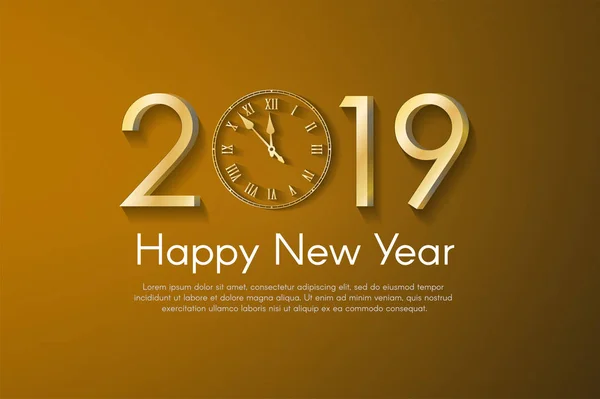 Golden New Year 2019 concept on yellow background. Vector greeting card illustration with golden numbers and vintage clock