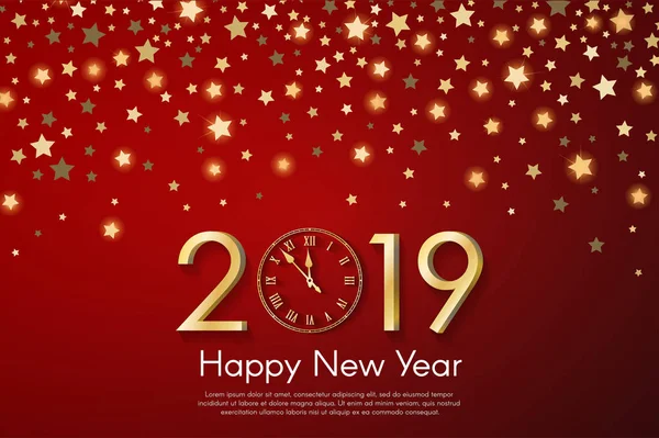 Golden New Year 2019 concept on red blurry starfall background. Vector greeting card illustration with golden numbers and vintage clock