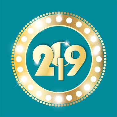 Retro Altın ve Camgöbeği parlayan ışıklar açık siyah arka plan ile daire vintage banner. Yeni yıl 2019 kavramı. Vektör çizim