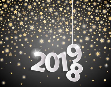 Kağıt cuted beyaz numaraları altın yıldız sonbahar arka plan üzerinde siyah mutlu yeni yıl 2019 tebrik kartı kavramı. Vektör çizim