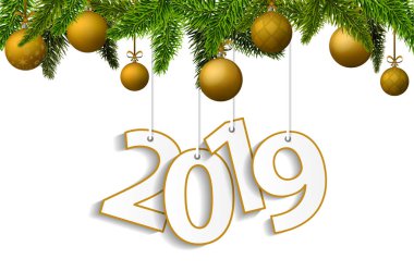Altın Noel topları ile yeni yıl ve Noel 2019 kavramı. Vektör çizim