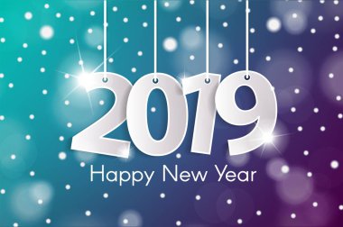 Mutlu yeni yıl 2019 tebrik kartı konseptiyle halatlar üzerinde kağıt cuted beyaz numaraları. Vektör çizim