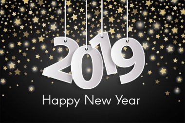 Mutlu yeni yıl 2019 tebrik kartı konseptiyle kağıt cuted beyaz numaraları altın yıldız sonbahar arka plan üzerinde. Vektör çizim