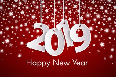 Mutlu yeni yıl 2019 tebrik kartı konseptiyle kağıt cuted beyaz numaraları gümüş yıldız sonbahar arka plan üzerinde. Vektör çizim