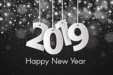 Mutlu yeni yıl 2019 tebrik kartı konseptiyle halatlar üzerinde kağıt cuted beyaz numaraları. Vektör çizim