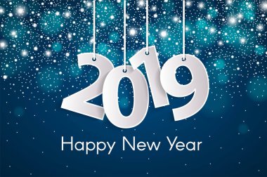 Mutlu yeni yıl 2019 tebrik kartı konseptiyle halatlar üzerinde kağıt cuted beyaz numaraları. Vektör çizim