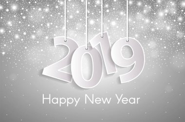 Mutlu yeni yıl 2019 tebrik kartı konseptiyle halatlar üzerinde kağıt cuted beyaz numaraları. Vektör çizim