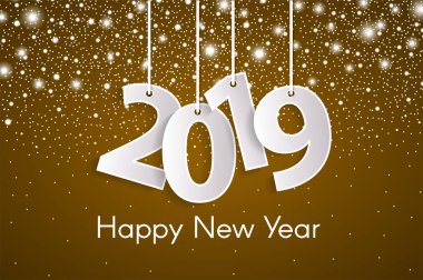 Mutlu yeni yıl 2019 tebrik kartı konseptiyle halatlar üzerinde kağıt cuted beyaz numaraları. Vektör çizim