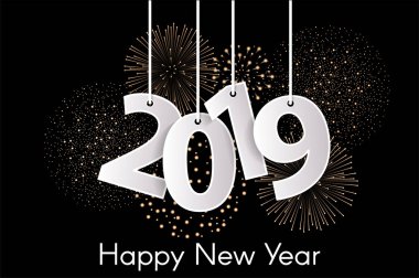 Mutlu yeni yıl 2019 konseptiyle havai fişek ile ipler üzerinde kağıt cuted beyaz numaraları. Vektör çizim