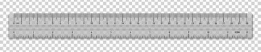 Şeffaf plastik bant cetvel izole. Cm ve inç Çift taraflı ölçümü. Vektör çizim.