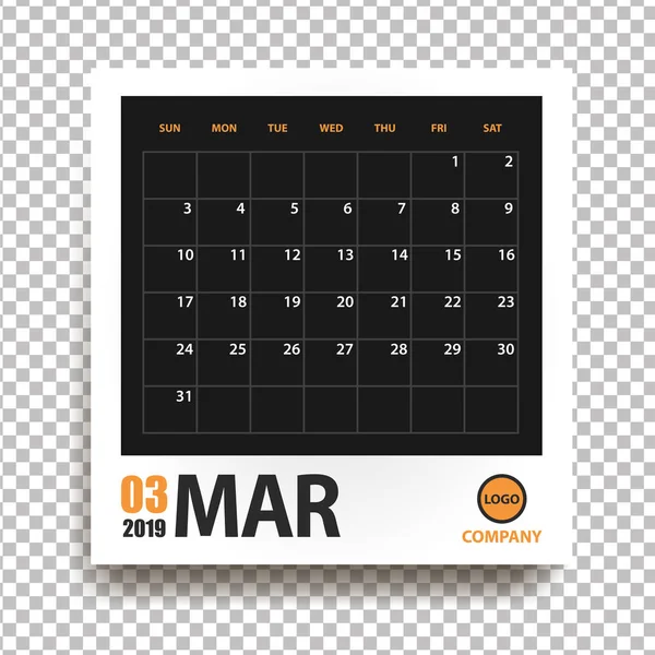 März 2019 Kalender Realistischem Fotorahmen Mit Schatten Isoliert Auf Transparentem — Stockvektor