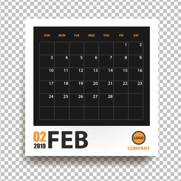 February 2019 Calendar Realistic Photo Frame Shadow Isolated Transparent Background — Stock Vector