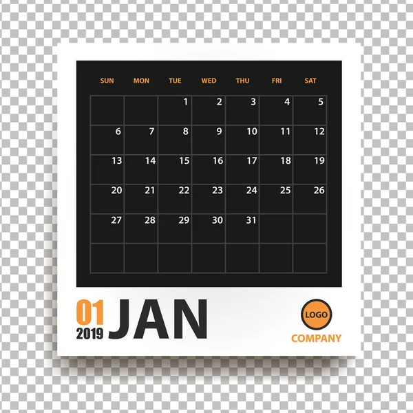 Januar 2019 Kalender Realistischem Fotorahmen Mit Schatten Isoliert Auf Transparentem — Stockvektor