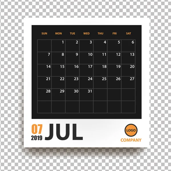 Календарь Июль 2019 Года Реалистичной Фоторамке Тенью Прозрачном Фоне Организатор — стоковый вектор