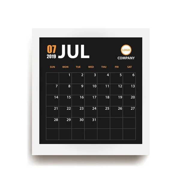 July 2019 Calendar Realistic Photo Frame Shadow Isolated Event Planner — Stock Vector