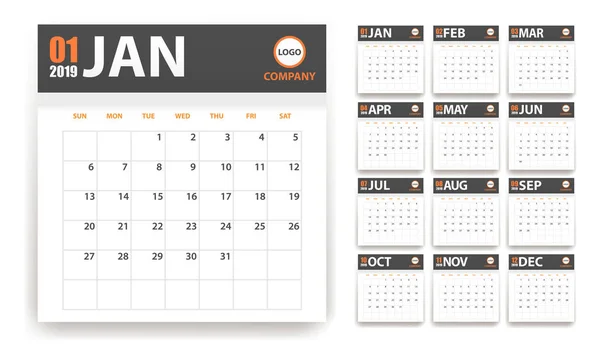 Kalender 2019 Papierstickern Schatten Stil Blau Und Orange Eventplaner Alle — Stockvektor