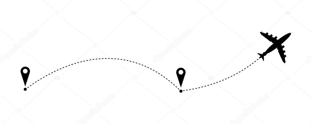 Airplane travel concept with GPS points. Line path icon. Flight start point. Vector illustration