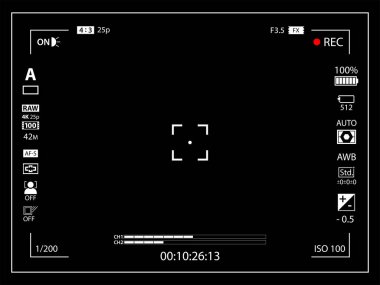 Modern dijital video kamera odaklama ekranı ayarları şablonu ile. Siyah vizör aynasızlar, Dslr veya kameralı kamera kaydı. Vektör çizim