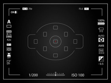 Vinyet etkisi ile vizör şablon siyah modern dijital fotoğraf makinesi. Siyah vizör aynasızlar, Dslr veya kameralı kamera kaydı. Vektör çizim