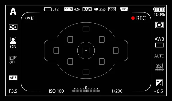 Moderne Digitale Videokamera Fokussiert Bildschirm Mit Einstellungsvorlage Schwarzer Sucher Spiegellos — Stockvektor