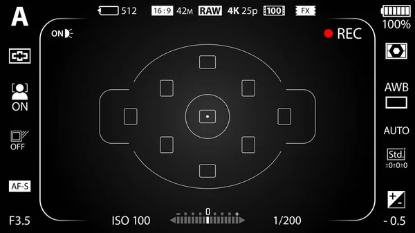 黑色现代数码相机取景器模板与光晕效果 黑色取景器无反光镜 数码单反相机或内含摄像机录制 向量例证 — 图库矢量图片